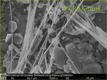 SEM-picture of amphibole asbestos, tremolite in plasters, trowlled on materials and paints